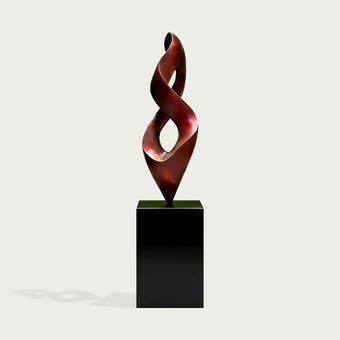 Twisting Red Bronze Flame Floor Sculpture Abstract Art Sculptures with a glossy dark reddish-brown twisted form mounted on a glossy black rectangular pedestal, shown against a light gray background.