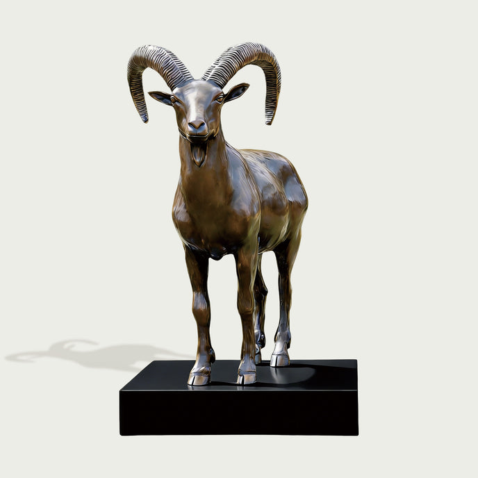 Classic Mountain Ram Outdoor Sculpture Bronze Statuary with curved horns standing on a black rectangular base against a light gray background.