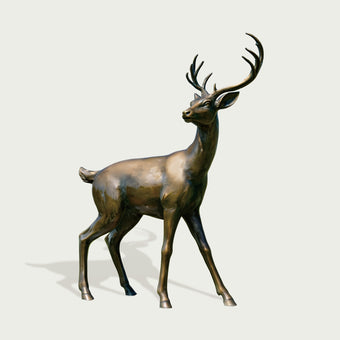 Realistic Bronze Stag Sculpture Lawn Statues with antlers, shown in a side profile against a light gray background.