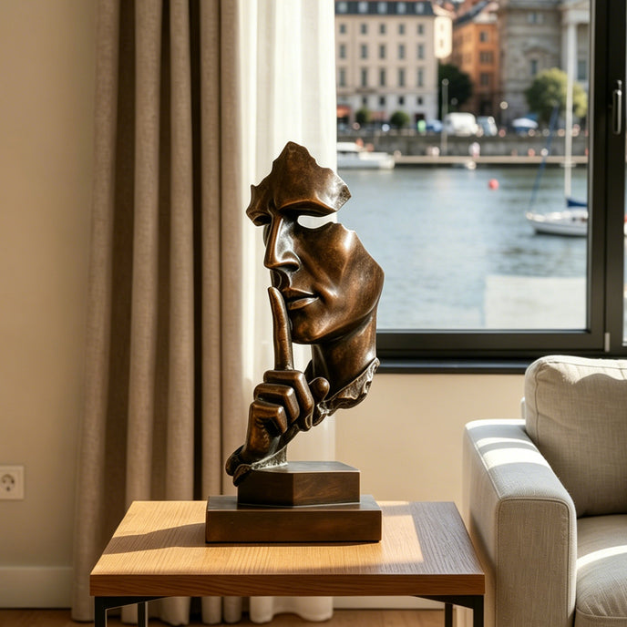 Silent Watcher Head Sculpture Bronze Outdoor Statuary of a stylized face holding a phone to its lips, displayed on a wooden side table in a modern living room setting with a window overlooking a waterfront.