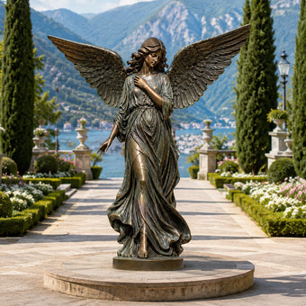 Classic Winged Guardian Angel Bronze Sculpture Garden Large Statues with outstretched wings stands on a round stone pedestal in a formal garden pathway. Tall cypress trees, flowerbeds, balustrades, and a scenic bay and mountains are visible in the background.