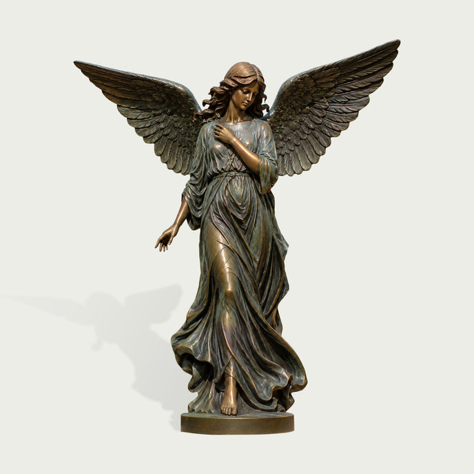 Classic Winged Guardian Angel Bronze Sculpture Garden Large Statues with outstretched wings and flowing drapery, standing on a round base against a light gray background.