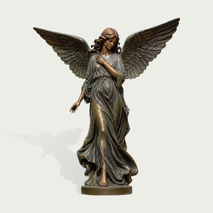 Classic Winged Guardian Angel Bronze Sculpture Garden Large Statues with outstretched wings and flowing drapery, standing on a round base against a light gray background.
