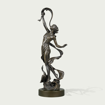 Elegant Dancing Woman Bronze Statue Outdoor Female Figure Sculpture of a classical female figure in a dynamic pose, standing on a round pedestal against a light gray background.