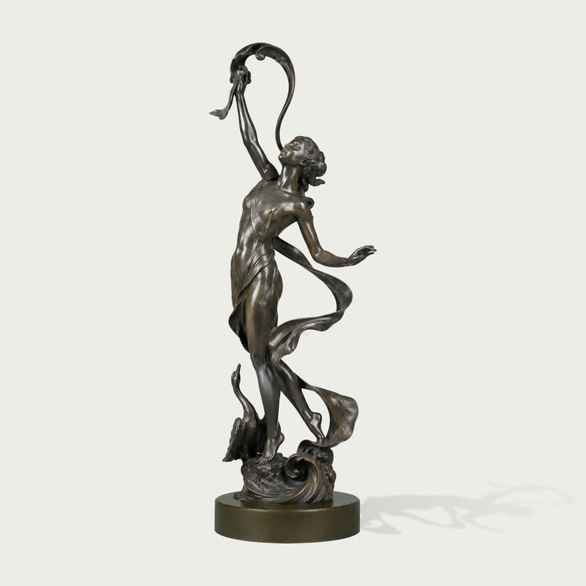 Elegant Dancing Woman Bronze Statue Outdoor Female Figure Sculpture of a classical female figure in a dynamic pose, standing on a round pedestal against a light gray background.