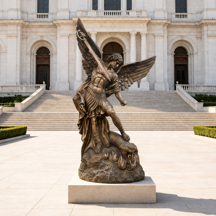 Holy Defender Classical Archangel St. Michael Bronze Sculpture defeating a serpent, displayed on a stone pedestal in front of a grand neoclassical building with wide stone steps.