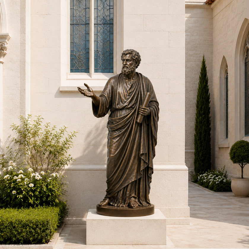 St. Luke The Evangelist Bronze Statue Outdoor Sculpture depicted with a draped robe and gesturing hand, standing on a white stone pedestal in front of a classical stone building with columns and arched windows.