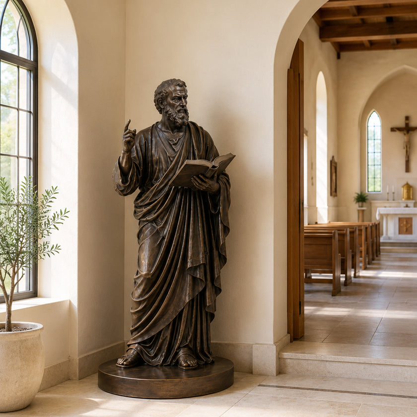 St. Luke The Evangelist Bronze Statue Outdoor Sculpture in the corner of a church