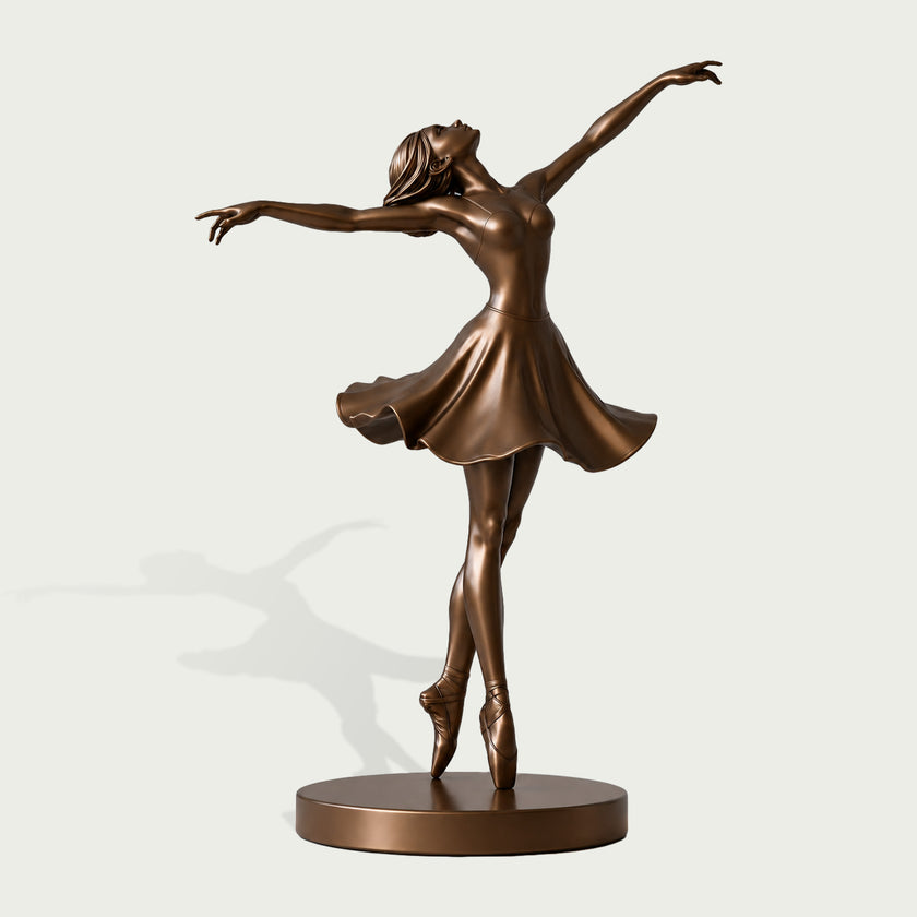 Graceful Ballerina Bronze Statue Life Size Statues in a flowing dress, posed on a round base against a light gray background.