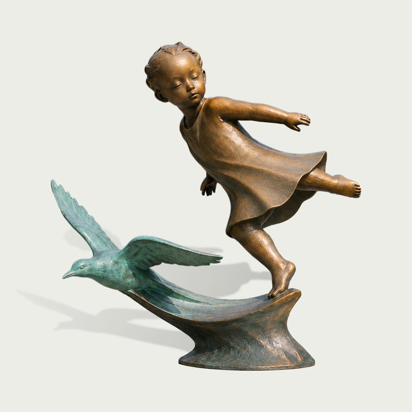Dancing Girl And Flying Bird Bronze Figure Sculpture Outdoor Sculpture in motion stepping from a green patinated dove onto a shell-like base, shown on a light gray background.