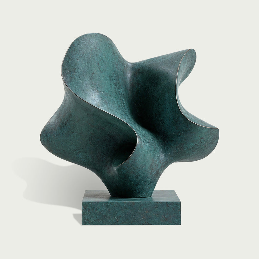 Fluid Sea Breeze Contemporary Art Sculpture Bronze Sculptures with a wavy, organic form in a dark teal-green patinated finish, displayed on a matching rectangular pedestal against a light off-white background.