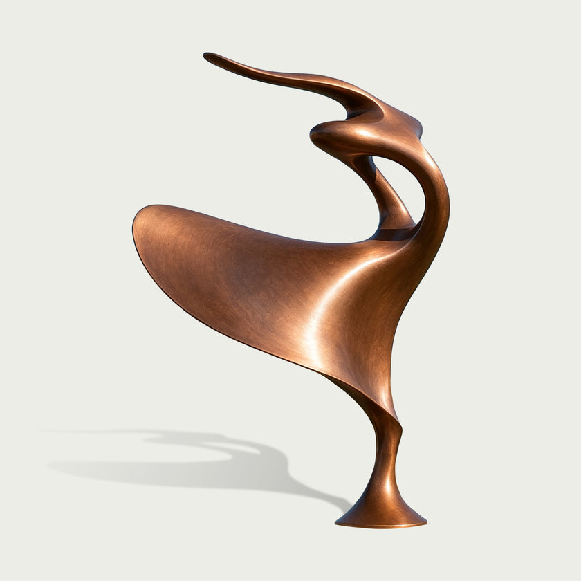 Abstract modern bronze sculpture with a flowing organic form, sweeping curves, open negative space, and a warm bronze surface finish, shown as a standalone contemporary art piece.