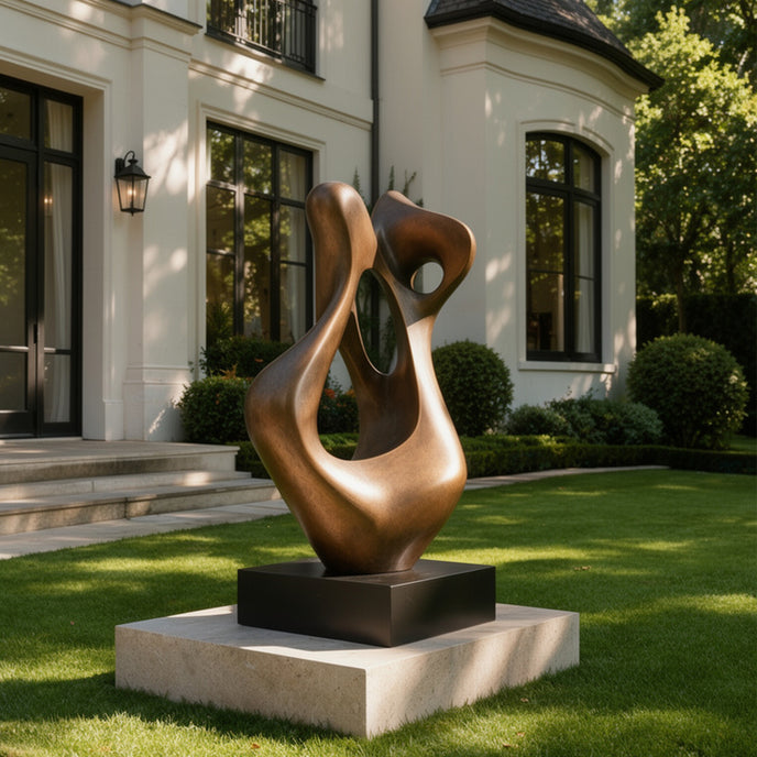 Large abstract bronze sculpture with flowing organic curves and openwork forms, displayed on a black pedestal in the landscaped garden of a modern luxury villa.