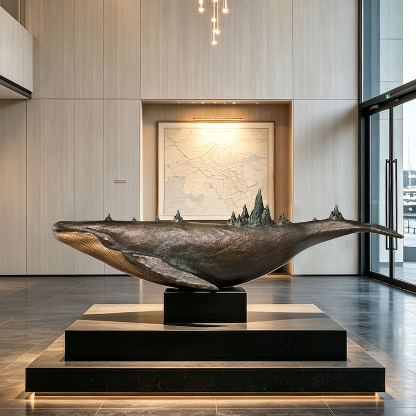 Large bronze whale sculpture with sculpted mountain peaks along its back and a rich aged patina, presented on a raised black pedestal as a dramatic centerpiece in a spacious contemporary luxury interior.
