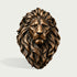 Front view of a detailed bronze lion head wall sculpture with a symmetrical face, intense eyes, realistic facial features, and a richly layered flowing mane enhanced by warm bronze highlights and dark recessed tones.