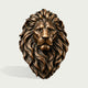 Front view of a detailed bronze lion head wall sculpture with a symmetrical face, intense eyes, realistic facial features, and a richly layered flowing mane enhanced by warm bronze highlights and dark recessed tones.