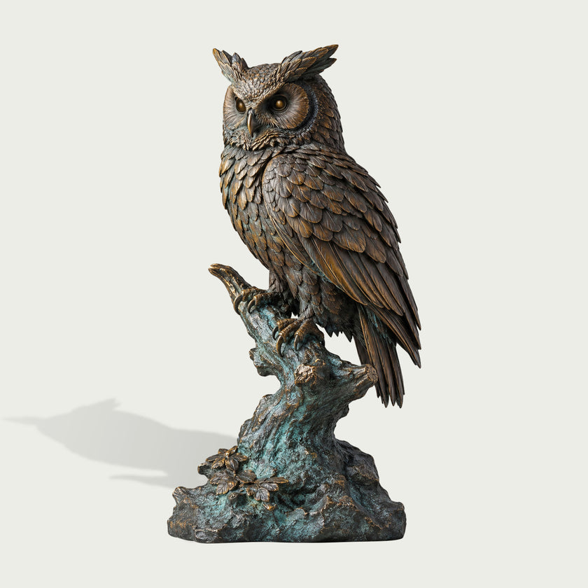 Detailed bronze owl statue perched on a sculpted tree branch, with finely modeled layered feathers, prominent ear tufts, expressive round eyes, sharp talons, and natural green verdigris patina across the textured base.