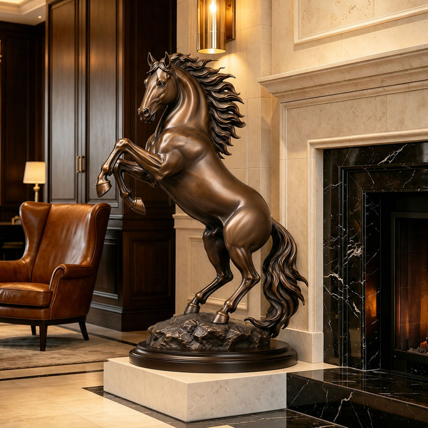 Majestic bronze rearing horse sculpture displayed beside a marble fireplace in a luxury interior, featuring raised front legs, a muscular body, flowing mane and tail, and a textured rocky base with warm bronze highlights.