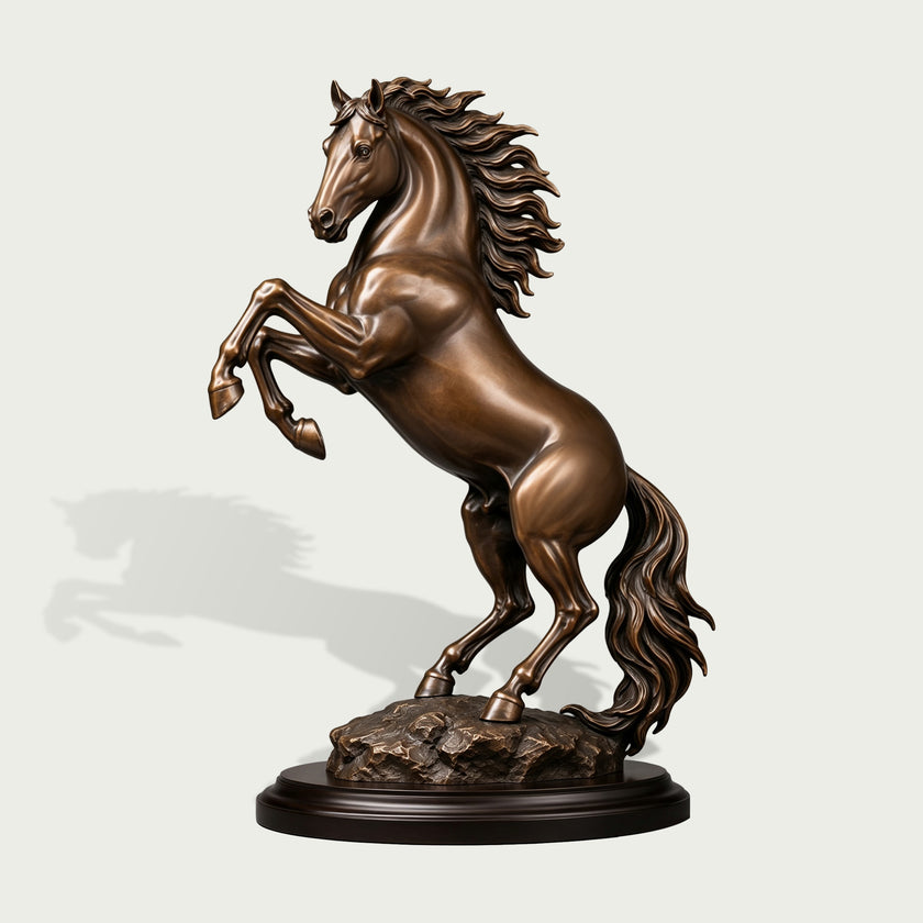 Detailed bronze horse statue captured in a powerful rearing pose with raised forelegs, defined musculature, alert expression, windswept mane, flowing tail, and textured rocky ground mounted on a dark oval base.