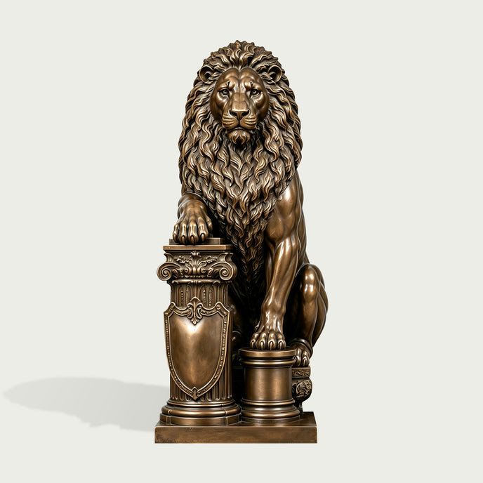 Front view of a majestic bronze guardian lion sculpture featuring a powerful seated posture, deeply sculpted flowing mane, realistic facial details, muscular legs, and one paw placed on an ornate classical column with decorative shield relief.