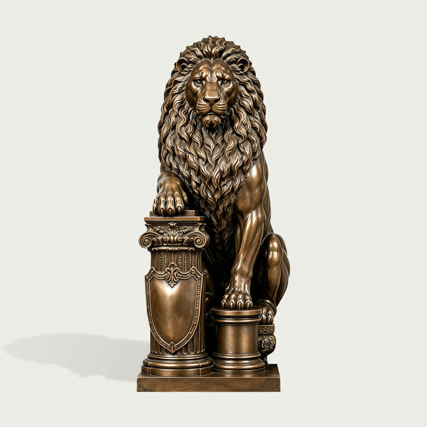 Front view of a majestic bronze guardian lion sculpture featuring a powerful seated posture, deeply sculpted flowing mane, realistic facial details, muscular legs, and one paw placed on an ornate classical column with decorative shield relief.