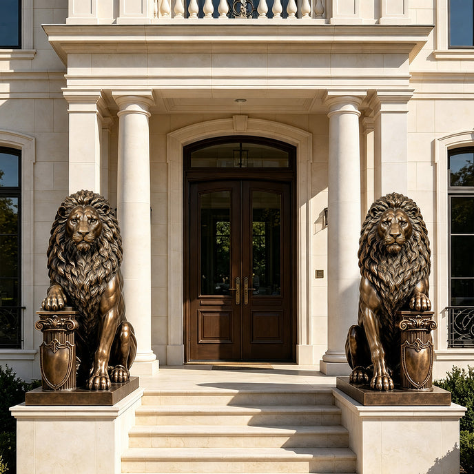 Pair of monumental bronze lion sculptures flanking the entrance of a luxury villa, each seated in a commanding pose with a richly detailed flowing mane, one paw resting on an ornate classical pedestal, and warm antique bronze highlights.