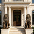 Pair of monumental bronze lion sculptures flanking the entrance of a luxury villa, each seated in a commanding pose with a richly detailed flowing mane, one paw resting on an ornate classical pedestal, and warm antique bronze highlights.
