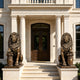 Pair of monumental bronze lion sculptures flanking the entrance of a luxury villa, each seated in a commanding pose with a richly detailed flowing mane, one paw resting on an ornate classical pedestal, and warm antique bronze highlights.