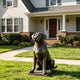 Life-size bronze Labrador dog sculpture displayed on a green front lawn outside a suburban home, showing a loyal seated pose, alert expression, detailed coat texture, and dark bronze finish with warm highlights.