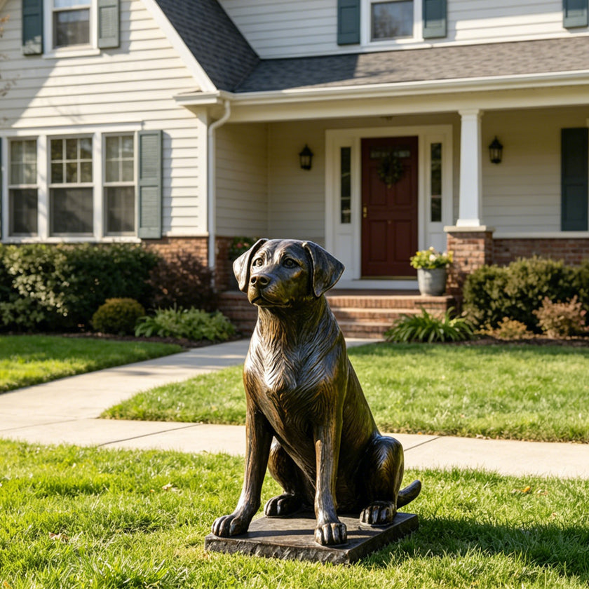 Life-size bronze Labrador dog sculpture displayed on a green front lawn outside a suburban home, showing a loyal seated pose, alert expression, detailed coat texture, and dark bronze finish with warm highlights.