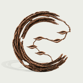 Front view of an abstract bronze crescent sculpture with layered bark-textured arcs, open negative space, slender branching stems, and five stylized leaf forms creating a flowing organic composition.