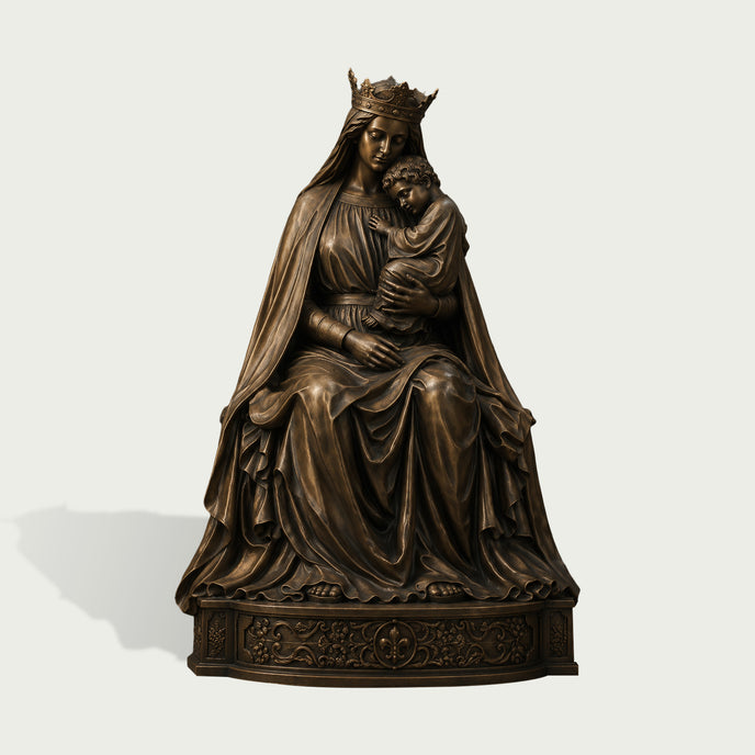 Front view of a crowned Madonna and Child bronze sculpture featuring the seated Virgin Mary holding the infant Jesus, finely modeled faces and hands, deeply folded robes, and an ornate floral base with fleur-de-lis detail.