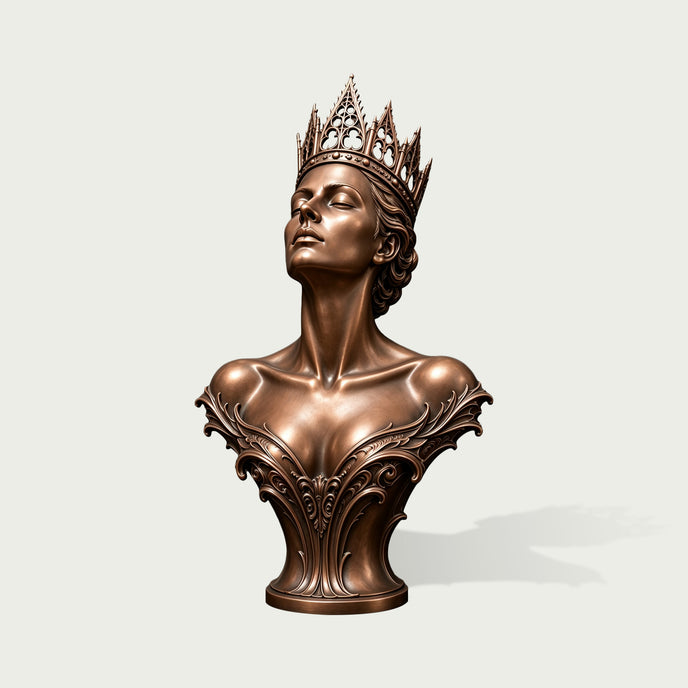 Front three-quarter view of a crowned bronze queen bust sculpture with a serene upward gaze, finely modeled facial features, swept-back hair, elaborate openwork Gothic crown, and richly carved botanical ornament across the sculptural base.