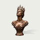 Front three-quarter view of a crowned bronze queen bust sculpture with a serene upward gaze, finely modeled facial features, swept-back hair, elaborate openwork Gothic crown, and richly carved botanical ornament across the sculptural base.