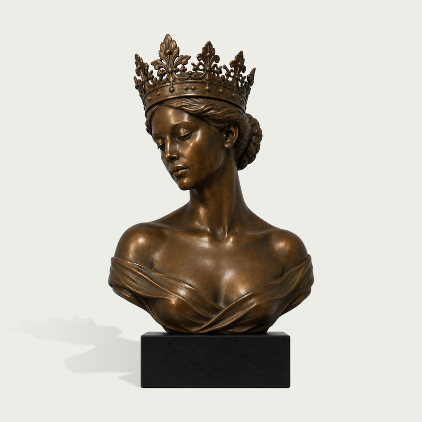 Antique bronze crowned queen bust sculpture with a graceful downward-facing portrait, elaborate fleur-de-lis crown, finely modeled hair gathered into a bun, softly draped shoulders, warm highlights, and a rectangular black pedestal base.