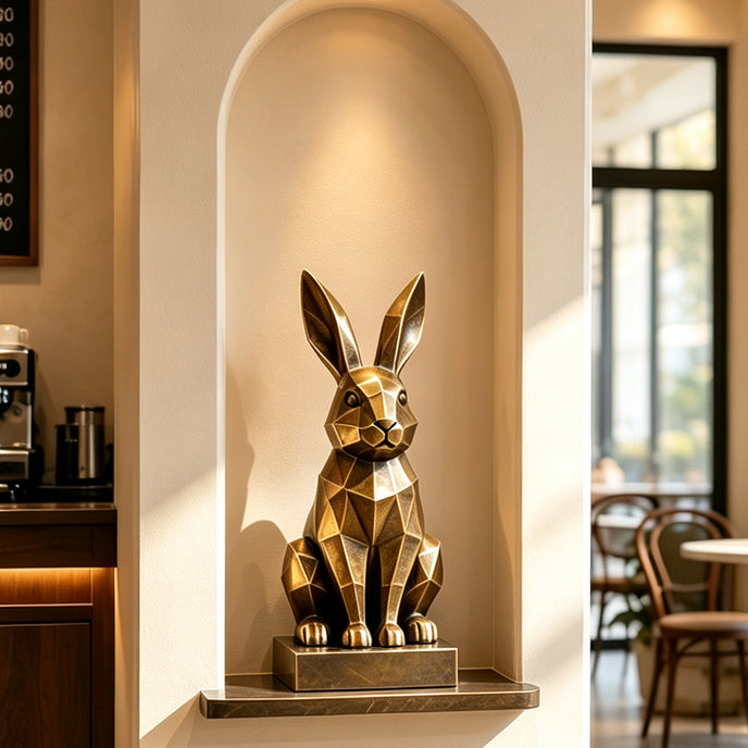 Geometric bronze rabbit sculpture displayed in a softly illuminated arched wall niche, featuring tall upright ears, angular faceted surfaces, a seated pose, warm antique bronze tones, and a contemporary low-poly design for modern interior decor.