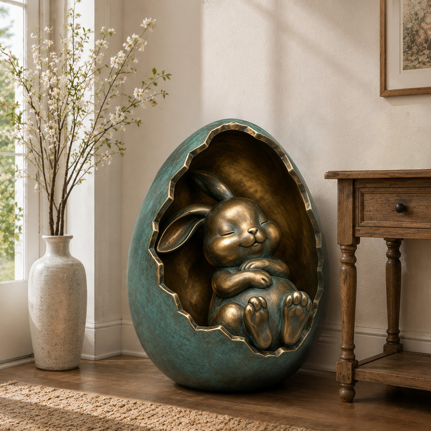 Decorative bronze bunny in cracked egg sculpture displayed in a softly lit home interior, featuring a peacefully sleeping rabbit with crossed paws and exposed feet, surrounded by a large egg shell with aged turquoise verdigris and antique bronze accents.