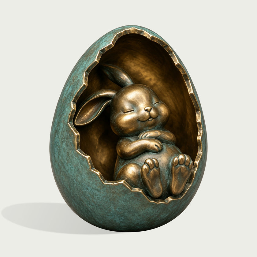 Front product view of a sleeping bunny bronze sculpture resting inside a cracked egg shell, with closed eyes, a gentle smile, folded paws, detailed feet, rounded rabbit features, turquoise-green verdigris patina, and polished antique bronze highlights.