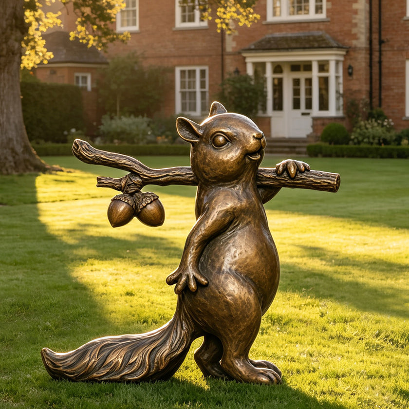 Outdoor bronze squirrel sculpture standing on a green lawn and carrying a rustic branch with two acorns, featuring an expressive face, rounded body, detailed paws, and long textured tail in a warm antique bronze finish.