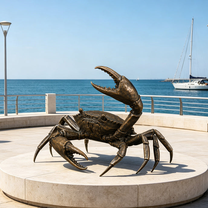 Large bronze crab sculpture displayed on a circular stone platform by the sea, featuring oversized raised claws, articulated legs, a textured shell, detailed joints, and a rich antique bronze surface against a coastal marina setting.