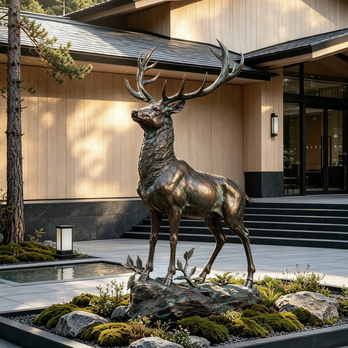 Large bronze stag sculpture displayed in a modern landscaped courtyard, featuring an alert raised head, expansive branching antlers, detailed textured fur, slender legs, and a naturalistic rocky base with small plants.