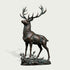 Lifelike bronze stag deer sculpture standing on a textured rocky base, featuring large branching antlers, an elevated head, finely modeled fur and musculature, and subtle green verdigris accents across the bronze surface.