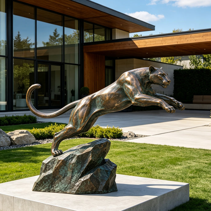 Large bronze leaping panther sculpture displayed in a modern residential garden, featuring an athletic body in midair, extended front legs, a long curved tail, and a rugged rock-form base with aged green patina accents.