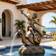 Bronze boy riding a giant snail fountain sculpture displayed beside a luxury courtyard pool, featuring a cheerful child reaching toward a small bird while water flows from the snail’s mouth.