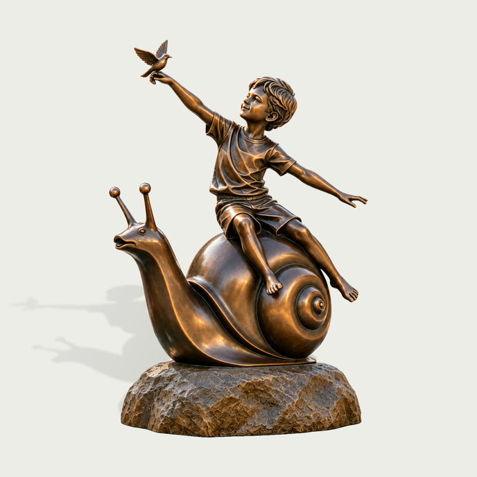 Whimsical bronze fountain sculpture of a barefoot boy riding a large snail, with one arm extended toward a bird perched on his hand, detailed clothing folds, spiral shell, and textured rock-style base.