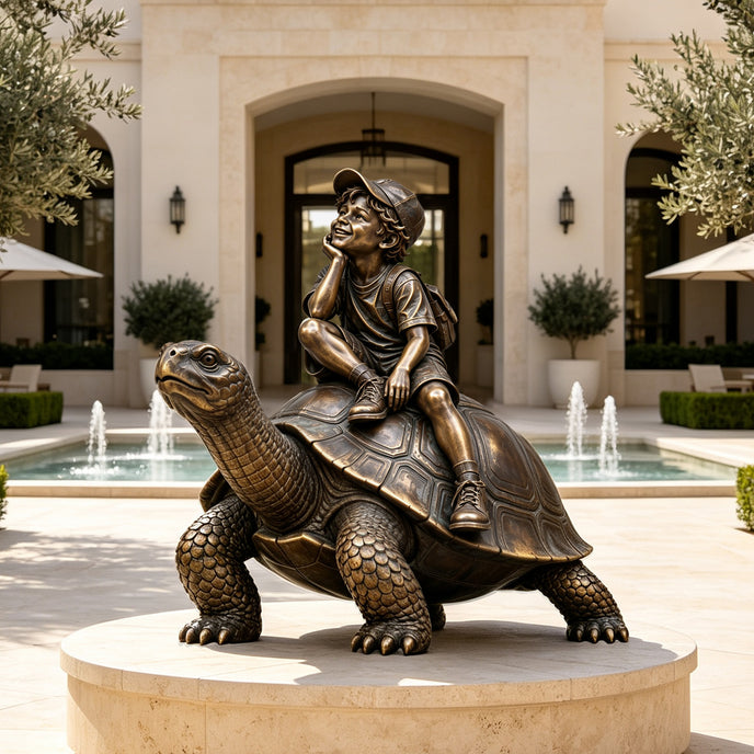 Whimsical bronze sculpture of a smiling boy wearing a cap and backpack while sitting on a giant tortoise, displayed on a circular stone pedestal beside a luxury courtyard fountain.