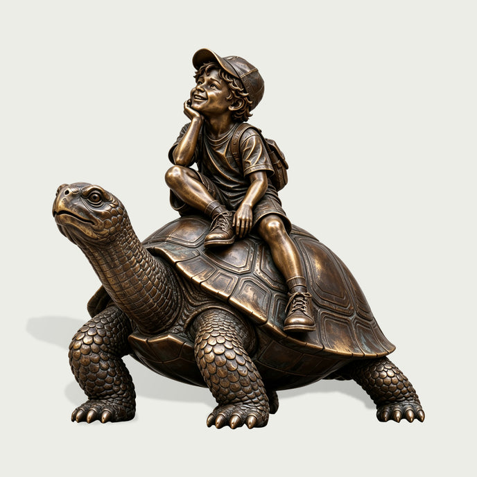 Detailed bronze boy riding a giant tortoise sculpture, featuring a cheerful seated child with cap, backpack and sneakers, realistically textured shell, scaled legs, expressive head, and warm highlighted bronze patina.