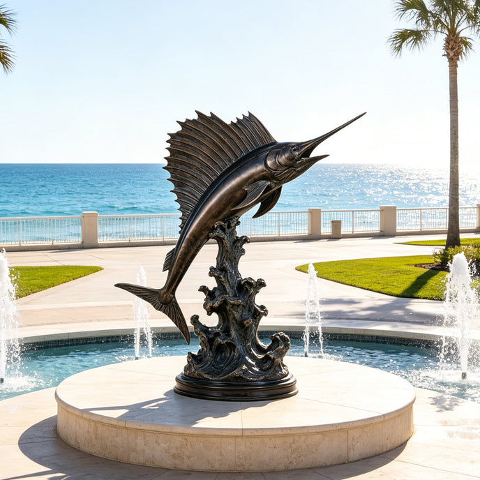 Monumental bronze sailfish sculpture displayed on a circular stone pedestal beside an outdoor fountain overlooking the ocean, with a dynamic jumping pose, raised dorsal fin, textured wave base, and dark antique bronze patina.