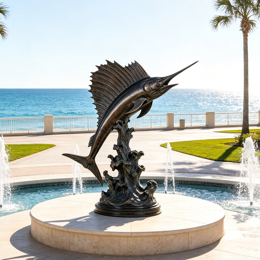 Monumental bronze sailfish sculpture displayed on a circular stone pedestal beside an outdoor fountain overlooking the ocean, with a dynamic jumping pose, raised dorsal fin, textured wave base, and dark antique bronze patina.