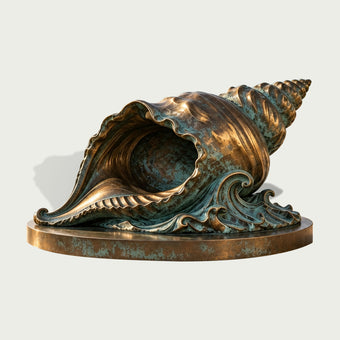 Freestanding bronze conch shell sculpture with a wide scalloped opening, elongated spiral form, decorative ocean waves, circular base, and aged blue-green verdigris patina highlighting the textured antique bronze finish.